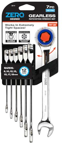 Zero Degree 38141 Juego de llaves de trinquete sin engranajes ultra precisas de 7 piezas, acero de alto carbono chapado en níquel con par certificado ASME, duradero y resistente al óxido, perfecto