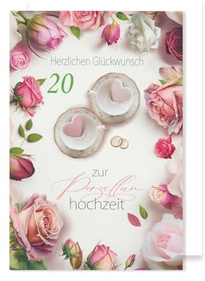 AvanCarte Porzellanhochzeit 20 Hochzeitstag Grußkarte Karte Foliendruck Rosen Tassen 16x11cm