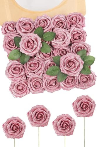 N&T NIETING Fleurs artificielles pailletées, 25 pièces de roses artificielles à faire soi-même avec tige pour bouquet de mariage, centre de table, fête pour enfants, douche et décoration de la maison