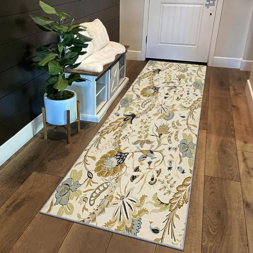 Siunwdiy Teppich Läufer Flur Küche rutschfest Waschbar Beige 60x300cm Mit Blumenmuster Korridor -Teppichläufer Küchenläufer Lang Flurteppich Küchenteppich Meterware Anpassbar