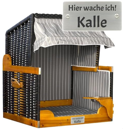 Hunde-Strandkorb mit Gravur zB Wunschtext (Name/Spruch), personalisiertes Edelstahlschild, Hundekorb/Hundebett schwarz-grau