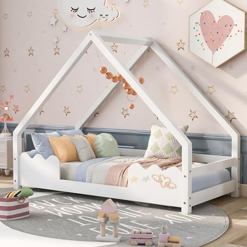 Merax Kinderbett 90x200cm, Hausbett Mit Lattenrost, Holzhaus Bett mit Rausfallschutz für Jungen & Mädchen, Kinder Bett Baumhausbett, Stabiles Bodenbett, Niedlicher Spielplatz, Weiß