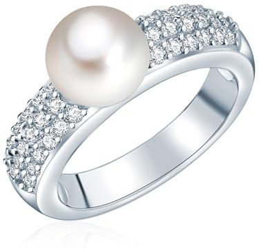 Valero Pearls Damen Perlenring 925/- Sterling Silber Süßwasser-Zuchtperle | Perlengröße 8-9 mm,Weiß,Button-Form,Zirkonia,Steine,Silberring,Pavékranz,Damenring,Ring,echte Perle,Perlenschmuck,5,2mm Breit