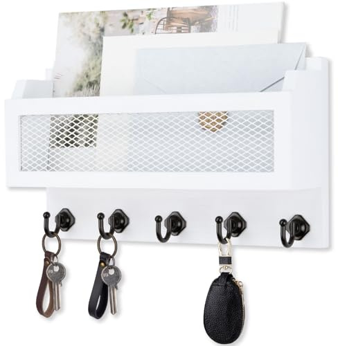 Nekon Brief- und Schlüsselhalter für Wanddekoration, 27,9 cm (11 Zoll) Holz-Wand-Schlüssel-Organizer mit 5 Schlüsselhaken, Wandhalterung, Aufbewahrungsregal für Eingangsbereich, Flur (weiß)
