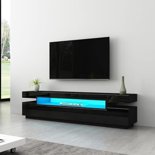 TV Cabinet for Living Room, Black High Gloss TV Stand Unit with 3 Drawers | Wooden TV Console, Media Unit, 16 Colors, LED Light, 160 cm