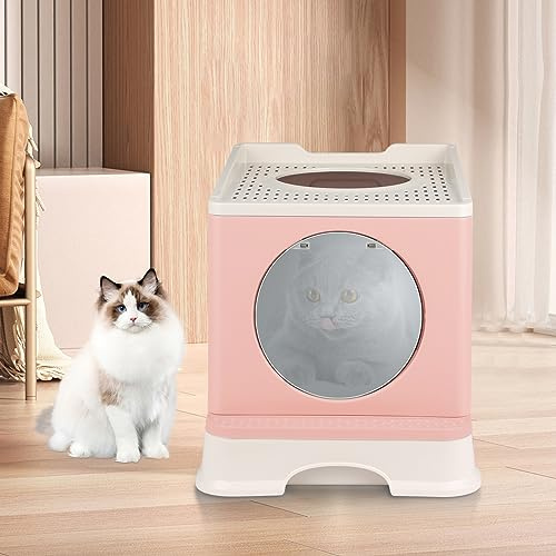 Lettiera per gatti,Lettiera per gatti, Toilette per gatti extra large con cappuccio, Toilette per gatti chiusa extra large antispruzzo con pala,48 * 39 * 34 cm-pp-rosa