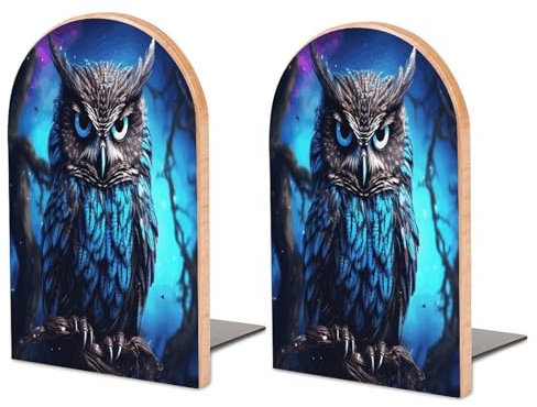 Robuste Buchstützen, blaue Eulen-Druck, Holz-Buchstützen, dekorative Buchstützen, rutschfeste Buchstütze für Regale (1 Paar, groß)