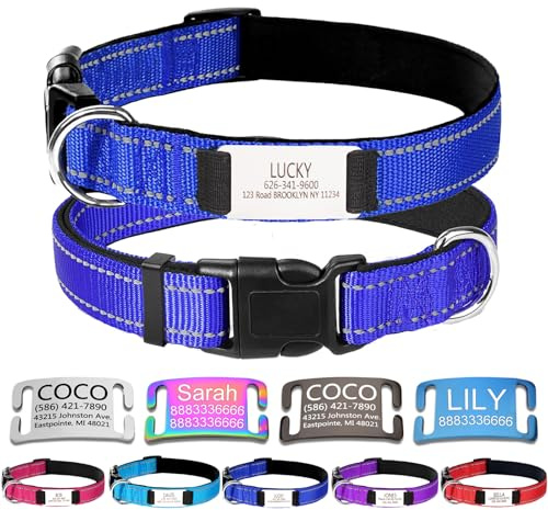Personalized Nylon Dog Collar with Engraved Name Plate, S, Blue | Custom engraved name & phone; reflective stitching, adjustable design, soft nylon, fit small, medium & large dogs