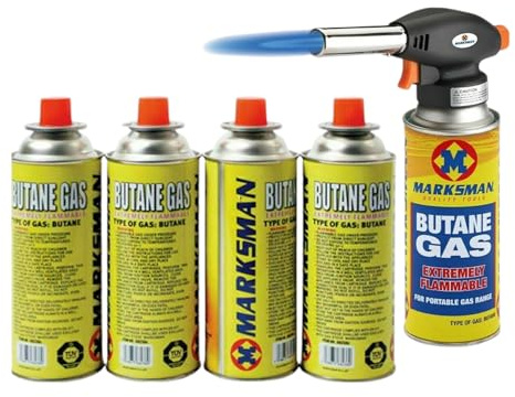 HOMEVIBE Blow Torch with 4 Butane Gas Bottles – Refillable Flamethrower for Cooking, Camping, BBQ, Creme Brulee, Welding, Soldering, Weed Burning | Auto Ignition Blowtorch Lighter