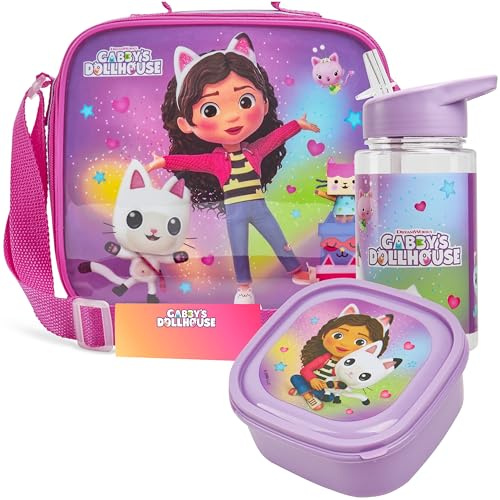Get Trend Gabby's dockhus lunchväskeset för barn 3 st med mellanmål lunchlåda BPA-fri 400 ml vattenflaska isolerad väska resa picknick barnkammare skolmaterial (Gabbys dockhus)