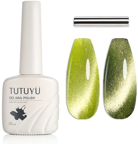 TUTUYU Lime Green Cat Eye Gel Nail Polish, 12 ml Crystal Glitter Holographic Cateye Magnetic Gel Polish for Manicure Salon or Nail Art Starter,Yellow Green Summer Fall Color Gel