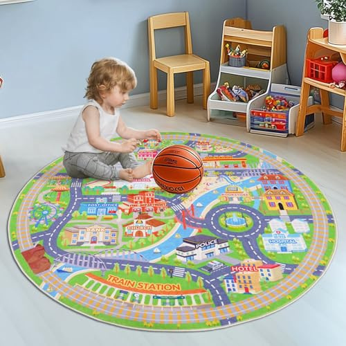 GthreeD Kids Carpet Playmat Rug City Life Round 120 cm -Play Learn and Have Fun Safely - Kids Baby Children Educational Road Traffic Play Mat for Bedroom Play Room Game Safe Area