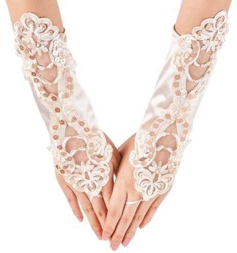 GORGECRAFT 2 Stück Lange Fingerlose Handschuhe Mit Spitzenpailletten 28cm Hochzeitshandschuhe Opera 1920s Pailletten Stickerei Blumenhandschuh Brautkleid Party Abschlussball Armstulpen Ärmelhandschuh