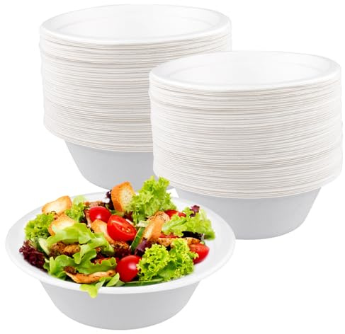 PUCSIQ 100 Cuencos Desechables de Caña de Azúcar de 350 ml, Platos Redondos Desechables de Papel para Sopa, para Fiestas y Picnics