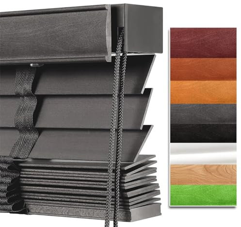 Blackout Holz Jalousie holzjalousie für Fenster Innen, Massivholzjalousien für Fenster Sichtschutz W 40/60/80/100/120/140/160cm Breite Schwarz, Leicht Anzubringende Vorhänge(Grau)