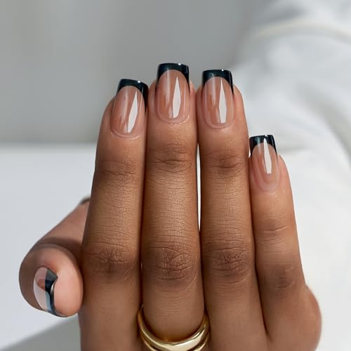 BTArtbox Press on Nails Short Square - Black Chrome French Nails Nägel Zum Aufkleben, Glazed Künstliche Nägel for Women Gifts, Natürliche Gel X Nail in 16 Größen - 32 Gel Nagel Set, Braveheart