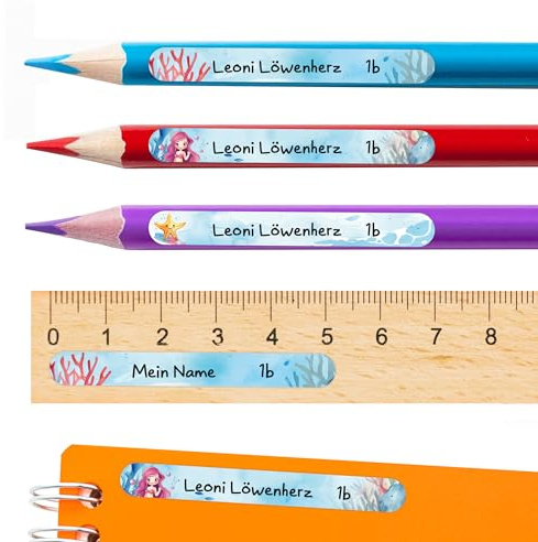 TOBJA Namensaufkleber Kinder Schule personalisiert | 96 wasserfeste Sticker mit Namen für Stifte | Permanent haftend | Süßes Meerjungfrau Design Namensschilder Schule (Meerjungfrau Stifte)