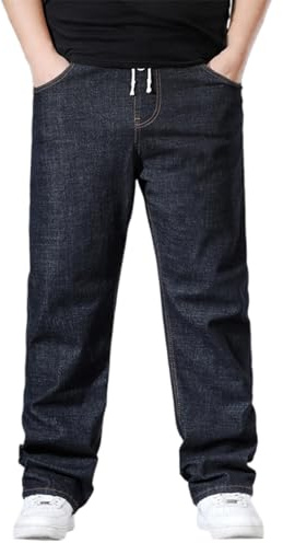 RUMAOZIA Pantalones vaqueros negros para hombre, elásticos, holgados, tallas grandes, corte regular, pantalones vaqueros rectos, pierna ancha, cintura elástica, ajuste holgado, pantalones vaqueros