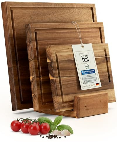 Blumtal Schneidebrett Holz 3er Set - massives Akazienholz Brett Set (26x18/33x24/40x30 cm) - Holzbrett Küche + Brettständer & Sanftrille - Holzschneidebrett - Schneidebretter Holz - Cutting Board