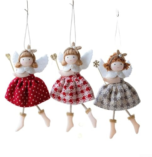 Zeroupshop Juego de 3 adornos de ángel de Navidad de 4 x 7 pulgadas, decoración de árbol colgante, muñecas de tela con alas blancas, decoración festiva para el hogar