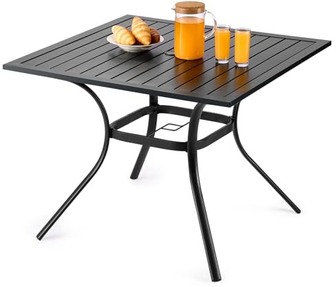 VEVOR Tavolo da Pranzo per Esterni, Tavoli da Bistrot da Giardino Quadrati in Metallo con Doghe in Acciaio da 94 cm, con Foro per Ombrellone da 38 mm, Mobili da Esterno, per Prato, Veranda, Nero