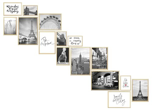 Wackadoo Set de Cadres 15 pièces 10x15 cm, 13x18 cm, 15x20 cm, A4 21x29,7 cm (DIN A4) avec de vraies plaques de verre, escalier, différentes tailles doré, cadre photo Poster