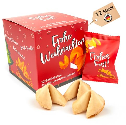 Lucky Treats Weihnachts Glückskekse - 12er Box - Lebkuchen Geschmack - Adventskalender Füllung - Sprüche auf Deutsch & Englisch - Vegan - Made in Germany