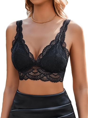 Avidlove Womens Floral Lace Bra Triangle Plunge Everyday Bra Wireless Soft Full Cup Underwear Non Padded Bras Sexy Bralettes Strappy Cami,BlackM