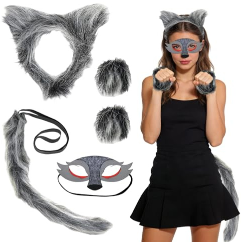 4 Stück Wolf Kostüm Set Grau Werwölfe Karneval Kostüm Enthalten MaskeHaarband Schwanz Handschuhe Furry Kostüm für Erwachsener Fasching Kostüm Weltbuchtag Cosplay Fancy Dress Zubehör Halloween