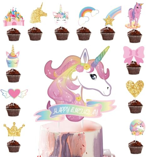 LAKPYN 37 Piezas Unicornio Adornos para Cupcakes Adorables Set de Decoraciones para Tortas y Postres, Muffins y Cumpleaños Ideal para Fiestas de Cumpleaños para Niños