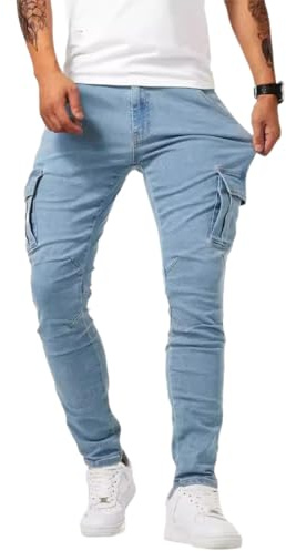 WINKEEY Cargo Jeans Homme Slim Fit Tapered Stretch Pantalon Cargo Multi-Poches Jean des Travail Coupe Droite Ajustée en Tissu Élastique