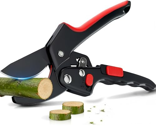 Ratchet Secateurs for Gardening Heavy Duty - 3X Power Garden Secateurs Cutting Width 3/4 in for Weak Hands & Arthritis Sharp SK-5 Steel Pruning Shears & Garden Scissors