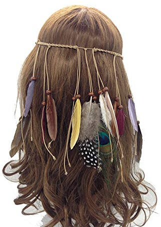 Jurxy Böhmische Pfau Feder Kopfschmuck Stirnband Damen Hippie Boho Indianer Stirnbänder Zigeuner Headwear Weben Frau Mädchen Lieblings Haarschmuck – Braun- Stil 2