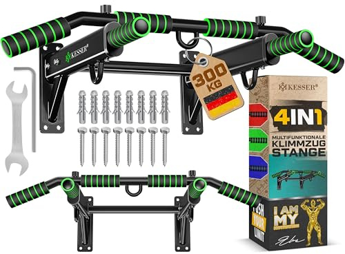 KESSER® Barra per trazioni 4 in 1 per montaggio a parete, maniglie antiscivolo, funzione aggiuntiva per corde, anelli e sacchi da boxe | Barra per trazioni per la casa, verde