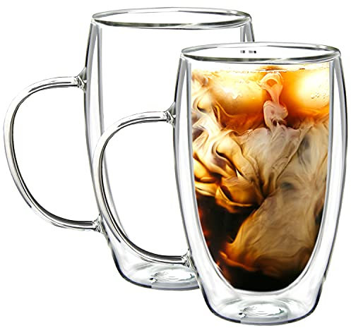 Youngever 2 Pack 450ML Double Wall Thermo Insulated Glass Coffee Cups