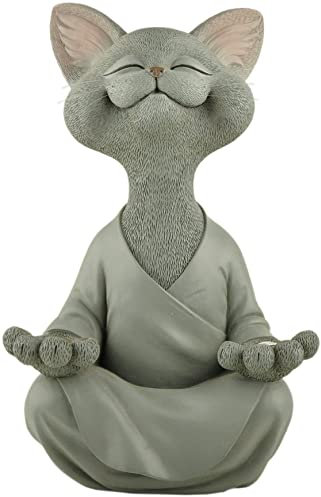 Statue de jardin fantaisiste en forme de chat gris de 30,5 cm pour intérieur et extérieur – Collection Happy Cat – Cadeaux pour amoureux des chats pour femme, cadeaux de yoga pour femme, décorations