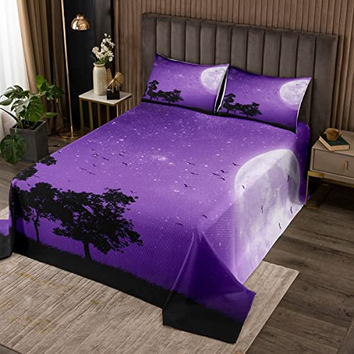 richhome Strahlender Mond Tagesdecke Bettüberwurf Steppdecke,Fliegende Fledermäuse Gothic Animal Bed Cover/Sofa Cover Patchwork,Sternengalaxie Lila Softest Bettüberwurf Gesteppte Decke 3St,240x260