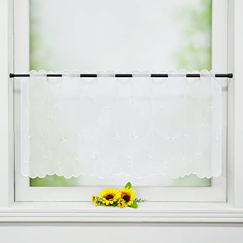 Delien Voile 1 stück Kurzgardinen Bistrogardine Scheibengardinen Kurzstores Stickerei für Küche »Buntes Fallen« Transparente Durchstangenzug Kurzvorhang mit Blattmuster BxH 120x45cm,Weiß