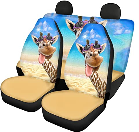 Dolyues Niedliche 3D-Tier-Giraffe-Muster-Vordersitzbezüge, Set von 2, und Rückenlehnen-Rückbank-Sitzbezüge, 4-teiliges komplettes Set Sitzschoner