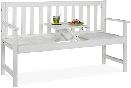 Relaxdays trädgårdsbänk med integrerat bord, 3-sits, robust träbänk, trädgård och balkong, HBD: 90 x 152 x 56 cm, vit