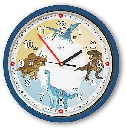 Bruni Dinosaurier Kinderwanduhr - Kinderzimmeruhr für Mädchen und Jungen, Wand-Uhr ohne Tickgeräusche, lautlos