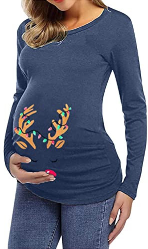Yesgirl Vêtement Femme Enceinte Noël T Shirt Maternité T Shirt à Manches Longues Grossesse Tunique Haut Mignon à Motifs Atuomne Enceinte Haut Chemise Blouse Tops B Bleu M