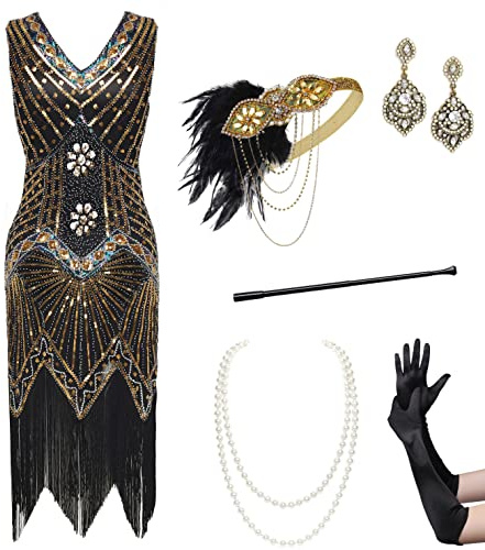 BABEYOND 1920s Dress V Neck Beaded Fringed Flapper Set Polyester Sequins | For Cocktail, Prom, Evening, Christmas, Gatsby, Halloween & Dancing. Sparkling Beads, Sequins & Long Fringe