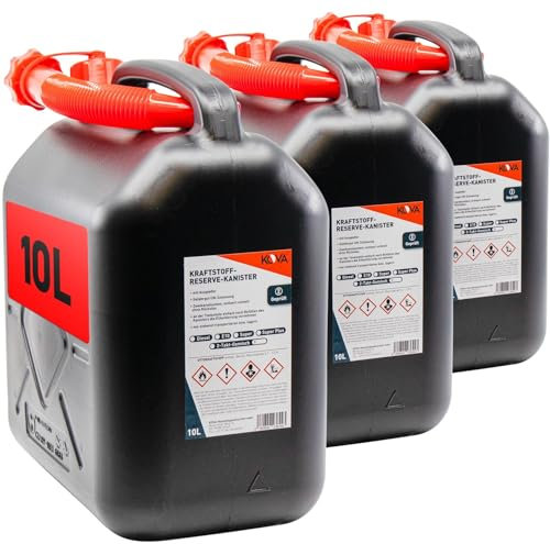 KOVA 3x Benzinkanister 10L SCHWARZ Kunststoff Dieselkanister Reservekanister Kraftstoffkanister 10 Liter Wasserkanister für Benzin Diesel Wasser AdBlue 10-Liter-Kanister & Außgießer 10 ltr Petrol Can