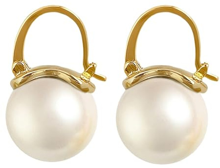 EFTKOY Sterling Silver Shell Pearl Drop Earrings Dangle Hoop Stud Earrings for Women Large Size 12mm