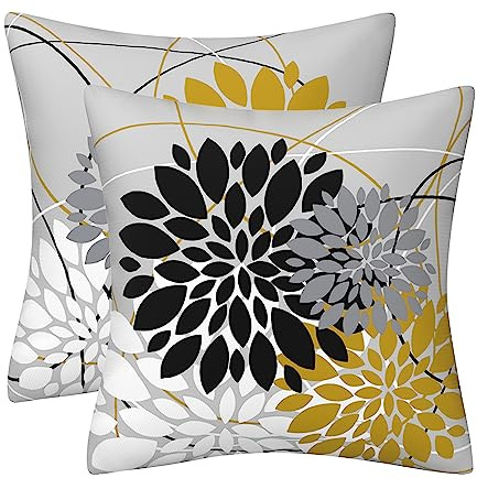 Schwarz-gelbe Kissenbezüge, 45,7 x 45,7 cm, Dahlie, Frühling, Sommer, Überwurfkissen, geometrisches Blumenmuster, elegante Linie, quadratische Kissenbezüge, Bauernhaus, Outdoor, Heimdekoration für