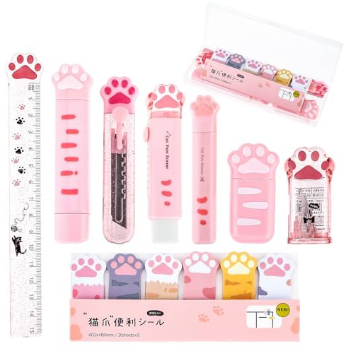 TIESOME 9 teiliges Schreibwaren Set mit niedlichen Katzenpfoten, Cartoon Kawaii Bleistiftspitzer einziehbarer Radiergummi Korrekturband Haftnotizen Lineal Mini Schere Allzweckschneider (Rosa)