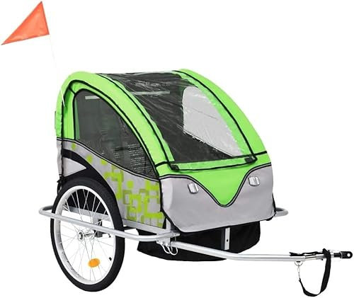 Fahrrad anhänger Zusammenklappbarer 2-in-1-Fahrradanhänger for Kinder, Outdoor-Freizeit-Fahrradanhänger for Kinder, Mit Schnellkupplung Zur Einfachen Befestigung An Einem Fahrrad, Grün Und Grau