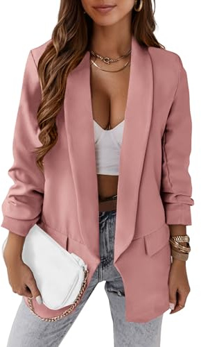 PRETTYGARDEN Womens Casual Blazers Long Sleeve Lapel Open Front Work Blazer Jackets with Pockets (Pink,Large)