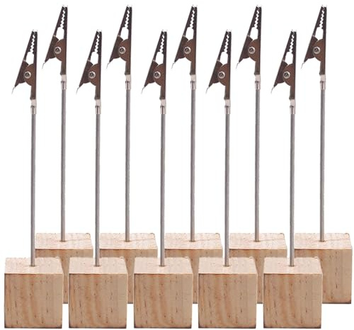 Lot de 10 supports pour numéros de table avec pince crocodile et base en bois pour cartes, notes, bureau, décoration de fête de mariage (bois brut)